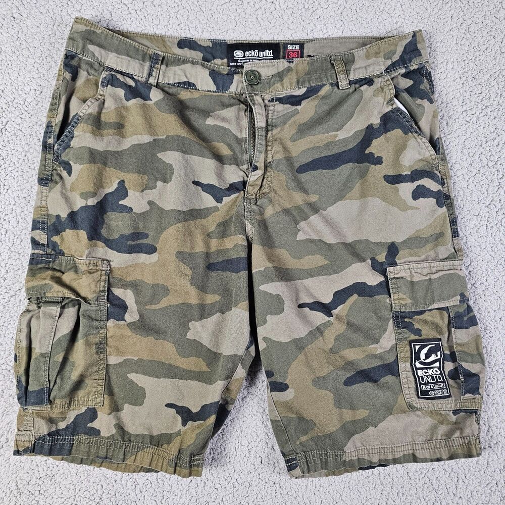 Ecko Unltd Shorts Mens 37 Green Woodland Camo Cargo Military Streetwear 10.5"